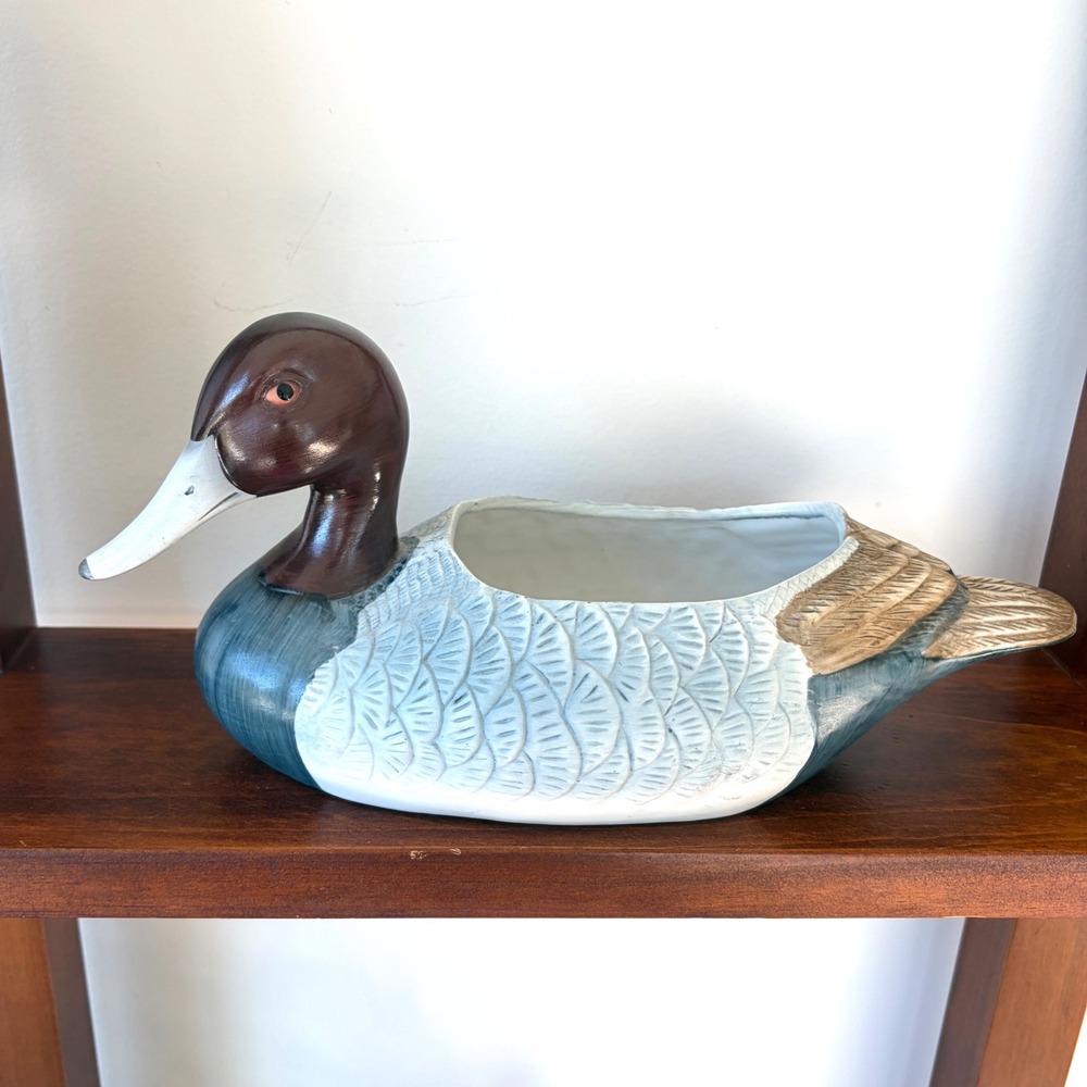 Vintage 1989 FTD Ceramic Duck Decoy Planter Blue White Brown Waterfowl Decor